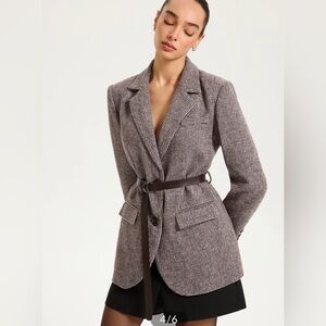 Commense Houndstooth Belted Blazer